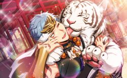  1boy animal arm_tattoo asch_albright black_shirt claws fangs fingernails grey_hair headband helios_rising_heroes highres jewelry licking male_focus necklace official_art one_eye_closed open_mouth orange_eyes shirt sparkle tattoo teeth tiger tongue white_tiger 