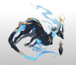  2019 anubis_(mythology) black_fur black_mask bottle claws commentary_request creature creature_focus dated dog_mask egyptian_mythology fog gradient_background grey_background long_body long_neck long_pointy_ears long_tail maruneko mask multicolored_fur no_humans no_pupils original pointy_ears tail three-toned_fur very_long_ears very_long_tail 