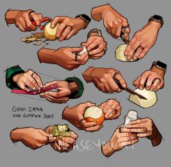  6+others absurdres anatomy_study apple_inc. apple_watch art_study commentary cutting disembodied_hand english_commentary food fruit grey_background hand_focus highres holding holding_knife holding_peeler jewelry kiwi_(fruit) knife multiple_others onion original peeler peeling potato ring simple_background smartwatch victoria_putinski watch watch watermark 