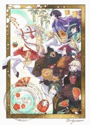  6+boys :d :o ^_^ aether_(genshin_impact) ahoge antenna_hair aqua_hair arms_up arrow_(projectile) artist_name bamboo bell black_hair black_hakama black_haori black_kimono black_sandals black_shorts blonde_hair blue_kimono blue_scarf blunt_ends braid brown_choker brown_hakama brown_jacket brown_kimono cape choker closed_eyes closed_mouth clothing_cutout colored_inner_hair commentary_request cropped_jacket crossed_bangs daruma_doll egasumi ema eyeliner eyeshadow facial_mark fish floating_hair flower folding_fan forehead_mark fur_scarf genshin_impact gourd gradient_hair green_eyes green_hair green_haori green_sash grin hagoita hair_between_eyes hair_tie hakama hakama_pants hakama_shorts hamaya hand_fan hane_(hanetsuki) hanetsuki haori highres hip_vent holding holding_reins horse horseback_riding jacket japanese_clothes jingle_bell kaedehara_kazuha kimono leaf_print long_hair long_sleeves makeup male_focus maple_leaf_print medium_hair mole mole_under_each_eye mole_under_eye multicolored_hair multiple_boys multiple_moles muzzle_(mask) open_clothes open_jacket open_mouth paddle pants pantyhose parted_bangs plum_blossoms ponytail print_scarf profile purple_cape purple_kimono purple_streaks red_eyeliner red_eyes red_eyeshadow red_flower red_hair red_kimono red_ribbon red_streaks reins ribbon riding sandals sash scaramouche_(genshin_impact) scarf shikanoin_heizou short_hair shorts side_braids sidelocks smile socks spinning_top streaked_hair tabi tasuki teeth twin_braids twitter_username upper_teeth_only venti_(genshin_impact) violet_eyes wanderer_(genshin_impact) watermark white_background white_hair white_pantyhose white_scarf white_socks wide_sleeves xiao_(genshin_impact) y0moru yellow_eyes zouri 