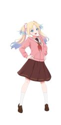  1girl :d blonde_hair bloom_garden_party_jacket blue_eyes blue_hair brown_dress brown_shoes dress fang flower flower_knot full_body gradient_hair hair_flower hair_ornament hands_on_own_hips hasu_no_sora_school_uniform highres hood hood_down hooded_jacket jacket link!_like!_love_live! loafers long_sleeves looking_at_viewer love_live! love_live!_hasu_no_sora_jogakuin_school_idol_club_bloom_garden_party medium_dress multicolored_hair neckerchief official_art open_mouth osawa_rurino parted_bangs pink_flower pink_jacket pleated_dress red_neckerchief sailor_collar sailor_dress school_uniform shoes simple_background smile socks solo standing transparent_background twintails v-shaped_eyebrows virtual_youtuber white_sailor_collar white_socks winter_uniform 