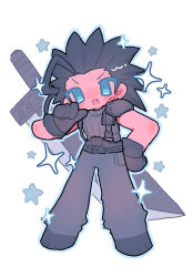  1boy baggy_pants belt belt_buckle black_gloves black_hair blue_eyes blush blym7oym7759061 buckle buster_sword commentary crisis_core:_final_fantasy_vii cross_scar earrings fang final_fantasy final_fantasy_vii final_fantasy_vii_remake full_body gloves hand_on_own_hip highres huge_weapon jewelry looking_at_viewer male_focus multiple_belts open_mouth pants ribbed_sweater scar scar_on_cheek scar_on_face sleeveless sleeveless_turtleneck solo sparkle spiky_hair standing star_(symbol) stud_earrings sweater sword sword_on_back turtleneck turtleneck_sweater untranslatable_commentary weapon weapon_on_back white_background zack_fair 