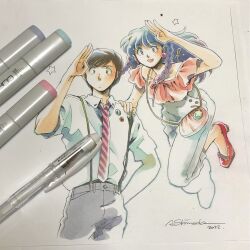  1boy 1girl alternate_hairstyle arm_up art_tools_in_frame badge bag black_hair blue_hair braid button_badge casual closed_mouth collared_shirt commentary_request dated diagonal-striped_clothes diagonal-striped_necktie earrings fang floating frilled_shirt frills green_eyes grey_pants hand_on_another's_shoulder high_heels highres jewelry lightning_bolt_symbol long_hair looking_at_viewer lum marker marker_(medium) moroboshi_ataru necktie open_mouth pants pink_bag pink_eyes pink_shirt pointy_ears red_necktie red_shoes salute shirt shoes short_hair short_sleeves shoulder_bag side_braids signature smile star_(symbol) striped_clothes studio_carmine suspenders traditional_media twin_braids urusei_yatsura white_background white_pants white_shirt 