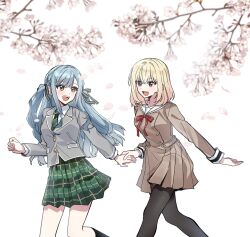  2girls bang_dream! bang_dream!_it's_mygo!!!!! black_pantyhose black_socks blonde_hair blue_hair blush brown_dress cherry_blossoms commentary_request commission danji_bang diagonal-striped_clothes diagonal-striped_necktie dress falling_petals green_skirt grey_jacket hanasakigawa_school_uniform hand_up highres holding_hands jacket korean_commentary long_hair long_sleeves medium_hair misumi_uika multiple_girls necktie open_mouth pantyhose petals plaid_clothes plaid_skirt pleated_skirt sailor_collar school_uniform second-party_source sidelocks simple_background skirt socks striped_clothes teeth togawa_sakiko two_side_up upper_teeth_only violet_eyes white_background white_sailor_collar yellow_eyes 