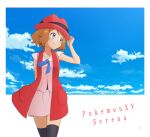  1girl bare_arms black_legwear blue_eyes blue_ribbon border brown_hair character_name closed_mouth clouds collarbone commentary_request copyright_name dress eyelashes hand_up hat highres kouzuki_(reshika213) looking_to_the_side neck_ribbon pink_dress pokemon pokemon_(anime) pokemon_xy_(anime) ribbon serena_(pokemon) short_hair sky sleeveless smile solo thigh-highs white_border 