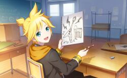  1boy :d blonde_hair chair chalkboard classroom colorful_palette desk eraser game_cg green_eyes highres holding holding_pencil holding_sketchbook kagamine_len leo/need_len looking_at_viewer male_focus official_art open_mouth pencil project_sekai sketchbook smile solo spiky_hair suki_wo_egaite_rainbow_canvas_(project_sekai) third-party_source tongue vocaloid 