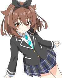  1girl aqua_necktie arms_at_sides black_hairband black_jacket blazer blue_skirt blush bow_hairband brown_eyes brown_hair buttons closed_mouth collared_shirt commentary_request cowboy_shot dot_nose hair_between_eyes hair_flaps hairband highres jacket kotatsu-mazoku layered_sleeves long_sleeves looking_at_viewer miniskirt necktie original plaid_clothes plaid_skirt pleated_skirt school_uniform shirt short_hair simple_background skirt smile solo striped_clothes striped_necktie tsumugi_(kotatsu-mazoku) white_background white_shirt 