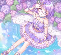  1girl absurdres aikatsu!_(series) aikatsu_stars! arm_support bow clouds commentary_request dress feet_out_of_frame flower glasses hair_bow hand_up happy_birthday highres hydrangea idol_clothes leaf looking_at_viewer momomiya_(mm_mydraw2) nanakura_koharu pink-framed_eyewear purple_bow purple_dress purple_flower purple_hair reflection reflective_liquid ripples semi-rimless_eyewear short_hair sitting sitting_on_water sky solo star_(symbol) under-rim_eyewear violet_eyes 
