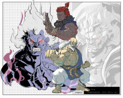  3boys abs akuma_(street_fighter) alternate_form arm_up bald bare_pectorals barefoot bead_necklace beads belt blue_skin border brothers clenched_hand clenched_teeth colored_skin commentary_request dark-skinned_male dark_skin demon_boy fingernails gouken hakama highres japanese_clothes jewelry kuruoshiki_oni long_hair male_focus multiple_boys necklace osanpogakari pants pectorals ponytail red_eyes red_hair rope_belt sharp_fingernails sharp_teeth siblings street_fighter street_fighter_iv_(series) teeth white_border white_hair white_pants 