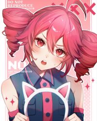  1girl ahoge animal_ear_hairband animal_ears artist_name bare_shoulders blush border cat_ear_hairband cat_ears detached_sleeves drill_hair english_text fake_animal_ears furrowed_brow hair_between_eyes hairband highres holding kasane_teto looking_at_viewer miviy19 open_mouth outline red_eyes red_hair shirt solo twin_drills twitter_username utau v-shaped_eyebrows white_border white_outline x_(symbol) 