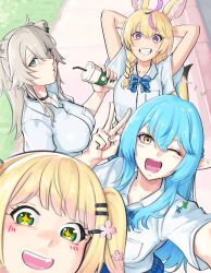 +_+ 4girls absurdres ahoge animal_ear_fluff animal_ear_piercing animal_ears anstatic arms_behind_back black_choker blonde_hair blue_bow blue_bowtie blue_hair blue_skirt blunt_bangs blush bow bowtie braid breasts choker collared_shirt commentary_request day double-parted_bangs drink elf fang flower fox_ears fox_girl from_above grey_hair grin hair_flower hair_ornament hair_over_shoulder hairclip heart heart_ahoge highres holding holding_drink hololive lion_ears lion_girl long_hair looking_at_viewer momosuzu_nene multicolored_hair multiple_girls nepolabo official_alternate_costume official_alternate_hairstyle omaru_polka open_mouth outdoors pink_flower pink_hair plaid_bow plaid_bowtie plaid_clothes pointy_ears school_uniform selfie shirt shishiro_botan side_braid sidelocks single_braid skirt smile streaked_hair twintails v virtual_youtuber white_shirt yukihana_lamy 