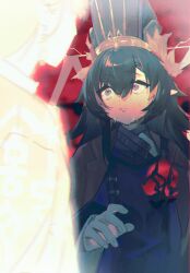 2girls arknights black_hair chinese_clothes chinese_commentary chun_(arknights) closed_mouth commentary_request constricted_pupils crying crying_with_eyes_open flipped_hair glowing hat highres jie_(arknights) kami-sama_(qing534099) long_hair long_sleeves looking_at_another multiple_girls pointy_ears purple_hanfu purple_robe robe streaming_tears surprised tears upper_body 