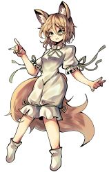  1girl absurdres animal_ears blonde_hair commentary dot_nose fox_ears fox_girl fox_shadow_puppet fox_tail frilled_sleeves frills full_body green_eyes green_ribbon hair_between_eyes highres kudamaki_tsukasa open_mouth ribbon romper short_hair short_sleeves simple_background sleeve_ribbon smile socks solo tail touhou user_jnhm8724 white_background white_romper white_socks 