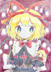  2girls black_shirt blonde_hair bow bowtie closed_mouth collar collared_shirt commentary_request doll dot_mouth expressionless flower hair_bow highres looking_ahead looking_at_viewer medicine_melancholy multiple_girls puffy_short_sleeves puffy_sleeves red_bow red_bowtie shirt short_hair short_sleeves straight-on su-san tareme toitoihoaru touhou traditional_media upper_body waist_bow white_bow white_collar 