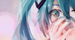  1girl absurdres aqua_eyes aqua_hair aqua_nails close-up commentary covering_mouth face hair_ornament hatsune_miku highres looking_at_viewer nail_polish own_hands_together shiguretsuki solo surprised vocaloid 
