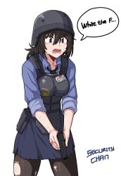  1girl black_eyes black_mesa_logo black_necktie blue_shirt blue_skirt breasts brown_hair bulletproof_vest character_name combat_helmet commentary english_commentary english_text formicid glock gun half-life_(series) half-life_1 handgun helmet highres holding holding_gun holding_weapon holster id_card long_hair necktie open_mouth pantyhose pencil_skirt shirt simple_background skirt sleeves_rolled_up solo speech_bubble sweatdrop torn_clothes torn_pantyhose torn_skirt weapon white_background 