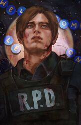  1boy aegyo_sal blood blood_on_clothes blood_on_face brown_hair collared_shirt confetti highres leon_s._kennedy logo male_focus mimimaru parted_lips resident_evil resident_evil_2 resident_evil_2_(remake) shirt short_hair solo upper_body vest worried 