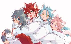  4boys :d amagi_rinne animal_ear_fluff animal_ears arms_around_neck blue_eyes blush bobo_(boboojichan) cat_boy cat_cutout cat_ears cat_tail cleavage_cutout closed_mouth clothing_cutout commentary_request crazy_b_(ensemble_stars!) ear_piercing earrings ensemble_stars! fangs from_side grey_hair hair_between_eyes highres himeru_(ensemble_stars!) holding_own_tail hood hood_down hooded_jacket hug hug_from_behind jacket jewelry kemonomimi_mode long_hair long_hair_between_eyes long_sleeves looking_at_viewer looking_to_the_side low_ponytail male_focus multiple_boys open_mouth oukawa_kohaku piercing pink_hair ponytail red_hair shiina_niki shirt short_hair simple_background smile tail tongue tongue_out twitter_username v-shaped_eyebrows violet_eyes white_background white_jacket white_shirt yellow_eyes 