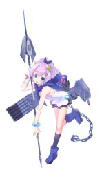  1girl anchor azur_lane blue_boots blue_eyes boots bow camisole chain commentary crown full_body gloves hair_ornament hair_ribbon highres holding holding_weapon hood hood_down javelin_(azur_lane) javelin_(spear) kneehighs kyuuri_(miyako) looking_at_viewer mini_crown open_mouth polearm ponytail purple_hair purple_ribbon red_bow ribbon rigging simple_background skirt sleeveless socks solo weapon white_background white_camisole white_gloves 