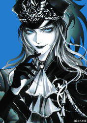  1girl absurdres ascot augustus_(path_to_nowhere) blue_background blue_eyes chinese_commentary commentary gloves greyscale_with_colored_background half_gloves hand_up hat high_ponytail highres kepi lapel_chain long_hair looking_at_viewer military_hat military_uniform parted_lips path_to_nowhere ponytail smile solo spot_color upper_body watermark weibo_username weibo_watermark yu_zhezhe 