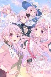  6+girls absurdres breasts commentary_request dancho_(dancyo) dress ear_piercing expressionless halo hat heart heart_hands heterochromia highres hood hoodie indie_virtual_youtuber kurumizawa_ririka large_breasts long_hair looking_at_viewer multiple_girls multiple_persona one_eye_closed piercing pink_hair red_eyes short_hair sky smile violet_eyes white_dress witch_hat 