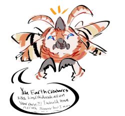  1girl antennae blue_eyes bug gary_zilla godzilla_(series) kaiju moth mothra no_humans open_mouth orange_fur speech_bubble 