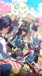  1boy 3girls absurdres agent_gulliver_(zenless_zone_zero) animal_ear_fluff animal_ears artist_name asaba_harumasa bangboo_(zenless_zone_zero) black_gloves black_hair black_necktie black_skirt blue_skin blunt_bangs closed_eyes colored_skin commentary_request dress_shirt earrings fingerless_gloves food fox_ears fox_girl fruit full_body gauntlets gloves green_jacket headband high-waist_skirt highres horns hoshimi_miyabi hyny jacket jewelry long_hair looking_at_viewer multiple_girls necktie one_eye_closed oni open_mouth outdoors parted_bangs pencil_skirt picnic pink_hair pointy_ears shirt short_hair sidelocks single_fingerless_glove sitting skirt smile soukaku_(zenless_zone_zero) tail tsukishiro_yanagi white_hair white_shirt yellow_eyes yellow_headband zenless_zone_zero 