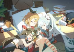  3girls ahoge asymmetrical_legwear black_bow black_gloves black_hair black_jacket blue_cape blue_skirt bow box braid cape cardboard_box closed_eyes closed_mouth copyright_name crop_top cropped_shirt crown_braid donna_(stella_sora) double-parted_bangs dress eyewear_on_head fang flower freesia_(stella_sora) gloves grey_hair grey_skirt hair_between_eyes hair_bow hair_flower hair_ornament hair_spread_out hairclip hat heterochromatic_eyewear highres holding_hands indoors jacket letter long_hair midriff miniskirt multicolored_hair multiple_girls navel official_art open_mouth orange_hair parallel_hairclips parted_lips pillow pleated_skirt red_dress shadow shirt short_dress side_ponytail skin_fang skirt sleeping_together smile socks stella_sora streaked_hair striped_clothes striped_dress striped_socks teresa_(stella_sora) thigh_strap third-party_source tinted_eyewear unworn_hat unworn_headwear very_long_hair white_shirt white_socks 