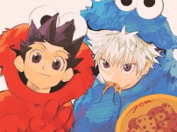  2boys 7enn brown_eyes brown_hair closed_mouth commentary cookie cookie_monster cookie_monster_(cosplay) cosplay eating elmo elmo_(cosplay) food gon_freecss highres holding holding_cookie holding_food hunter_x_hunter killua_zoldyck looking_at_viewer male_focus multiple_boys plate portrait sesame_street short_hair simple_background smile spiky_hair untranslatable_commentary v violet_eyes white_background white_hair 