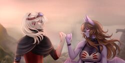  2girls animal_ears arkanis arthropod_girl bagi_(youtuber) bat_ears biiahwolf bracelet breasts brown_hair cloak collar colored_sclera colored_skin dante_will dante_will_(spider) extra_arms extra_eyes fingernails goggles goggles_on_head high_ponytail highres indie_virtual_youtuber jewelry long_hair minecraft_youtube monster_girl multiple_girls pinky_swear ponytail portuguese_text purple_skin red_sclera red_shirt sharp_fingernails shirt sleeves_rolled_up smile spider_girl spiked_bracelet spiked_collar spikes virtual_youtuber white_hair wings 