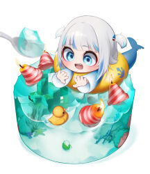  1girl absurdres appleblossomtea blue_eyes blue_hoodie blue_streaks blunt_bangs candle chibi chibi_only commentary ebi-chan_(gawr_gura) english_commentary fins fish_tail gawr_gura gawr_gura_(1st_costume) giant_fork grey_hair hair_ornament highres hololive hololive_english hood hoodie innertube long_hair long_sleeves looking_ahead medium_hair mini_person minigirl multicolored_hair open_mouth polearm rubber_duck shark_hair_ornament shark_tail sharp_teeth solo streaked_hair swim_ring swimming tail teeth trident two_side_up virtual_youtuber weapon wide_sleeves 