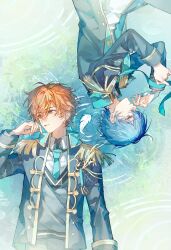  2boys aoyagi_touya arm_at_side blue_hair blue_necktie chinese_commentary clenched_teeth commentary_request earrings feathers hand_up highres jacket jewelry layered_clothes long_sleeves lying male_focus multiple_boys necktie official_alternate_costume on_back on_side open_clothes open_jacket orange_eyes orange_hair parted_lips project_sekai ring ripples shinonome_akito short_hair stud_earrings teeth turning_pain_into_drive_(project_sekai) upper_body v-neck water youye139 
