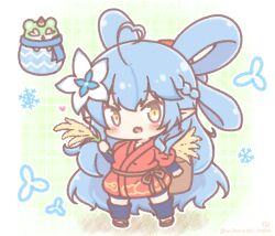  1girl :d ahoge blue_hair blush braid brown_eyes brown_sandals chibi colored_shadow commentary_request cosplay daifuku_(yukihana_lamy) fang flower hair_flower hair_ornament hair_rings heart heart_ahoge highres holding hololive japanese_clothes kimono long_hair mitarashi_neko mizura multicolored_hair pointy_ears quad_hair_rings red_kimono rice_(plant) sakuna-hime sakuna-hime_(cosplay) sandals shadow smile snowflakes standing streaked_hair tensui_no_sakuna-hime very_long_hair white_flower yukihana_lamy 
