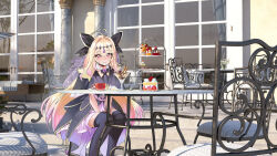  1girl absurdres antenna_hair between_legs black_capelet black_thighhighs blonde_hair blush bow brooch capelet commentary cup cure_arcana_shadow dessert diamond_hairband feet_out_of_frame food frilled_capelet frills gradient_hair hair_bow hair_intakes half_updo hand_between_legs heart heart_brooch highres jewelry long_hair looking_at_viewer magical_girl meitantei_precure! moria_luluka multicolored_hair outdoors parted_lips precure purple_hair shiliu_xian_xian_xian sitting solo teacup thigh-highs tiered_tray very_long_hair violet_eyes 