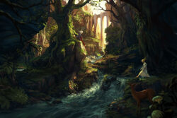  1boy 1girl animal blonde_hair branch bridge commentary day deer dress english_commentary forest from_side grass highres landscape long_dress long_hair medieval moss nature original outdoors painterly painting_(medium) pants philipp_urlich plant purple_shirt red_pants river scenery shirt sunlight traditional_media tree water white_dress white_hair 