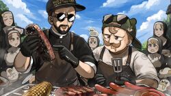  2boys 5girls apron backwards_hat beard bird black_hair black_shirt blonde_hair blue_eyes body_writing brown_apron brown_eyes brown_hair chicken chili_pepper closed_eyes clumsy_nun_(diva) commentary cooking corn diva_(hyxpk) drooling duck duck_on_head english_commentary facial_hair father_(diva) food froggy_nun's_father_(diva) froggy_nun_(diva) green_hat grill grilling hat highres hungry_nun_(diva) little_nuns_(diva) meat mole mole_on_cheek multiple_boys multiple_girls mustache nose_bubble nun outdoors round_eyewear sausage shirt star_nun_(diva) star_ornament strict_nun_(diva) sunglasses traditional_nun watch watch white_shirt 