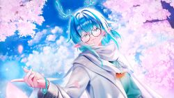  1boy aqua_shirt blue_eyes blue_hair bracelet cardigan cherry_blossoms commission day earrings elf english_commentary falling_petals garimayo glasses hair_between_eyes horns ice_horns indie_virtual_youtuber jewelry long_sidelocks looking_at_viewer medium_hair necklace outdoors pearl_bracelet pendant petals pointy_ears round_eyewear scarf shirt sidelocks skeb_commission snowflake_earrings snowflake_pendant solo upper_body white_cardigan white_scarf yukishiro_hakutaku 
