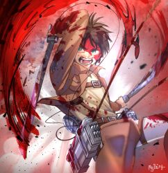  1boy absurdres arm_up attack blood blood_on_clothes blood_on_face blue_eyes brown_hair brown_jacket commentary eren_yeager highres holding holding_sword holding_weapon jacket looking_to_the_side male_focus myfairy&amp;gonmi open_mouth paradis_military_uniform shingeki_no_kyojin short_hair signature slashing solo sword three-dimensional_maneuver_gear weapon 