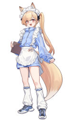  1girl :d animal_ear_fluff animal_ears aningay apron blonde_hair blue_jacket blue_shoes blue_shorts commentary_request flat_chest fox_ears fox_girl fox_tail frilled_apron frills full_body heart heart_in_mouth highres hinase_(vtuber) holding indie_virtual_youtuber jacket jersey_maid korean_commentary long_hair long_sleeves loose_socks maid maid_headdress puffy_long_sleeves puffy_sleeves red_eyes ribbed_socks shoes shorts side_ponytail simple_background sleeves_past_wrists smile socks standing tail track_jacket unconventional_maid very_long_hair white_apron white_background white_socks 