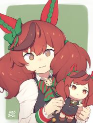  1girl :3 animal_ears birthday black_dress border bow bowtie bright_pupils brown_eyes brown_streaks character_doll close-up closed_mouth collared_shirt commentary dated diagonal-striped_bow diagonal-striped_bowtie diagonal-striped_clothes doll dress ear_bow ear_covers english_commentary green_bow green_bowtie green_trim hair_between_eyes hair_tie happy_birthday highres holding holding_doll horse_ears horse_girl long_sleeves looking_at_viewer medium_hair multicolored_hair nice_nature_(poinsettia_ribbon)_(umamusume) nice_nature_(umamusume) outside_border portrait raised_eyebrows red_bow red_bowtie red_hair red_trim shirt smile snowcrab83 solo streaked_hair striped_bow striped_bowtie striped_clothes twintails umamusume white_border white_shirt 