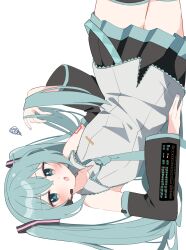  1girl black_skirt black_sleeves blue_hair blue_necktie blush collared_shirt commentary_request detached_sleeves flat_chest from_side hair_between_eyes hatsune_miku highres holding_own_hair looking_at_viewer mani_(manidrawings) microphone miniskirt necktie on_floor open_mouth pleated_skirt shirt simple_background skirt skirt_set sleeveless sleeveless_shirt solo squiggle twintails upside-down vocaloid white_background wing_collar 