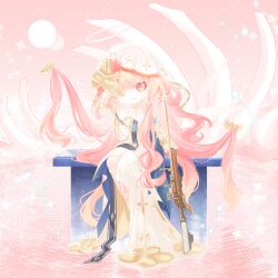  1girl absurdres ambience_synesthesia arknights bare_shoulders blue_shawl chibi chibi_only choker closed_mouth disembodied_hand dress full_body gold_trim gun hair_lift hexing_astra highres lemuen_(arknights) lemuen_(requiem_vesperis)_(arknights) long_dress one_eye_covered pearl_choker pink_eyes pink_hair rifle see-through_clothes see-through_veil shawl sitting smile solo star_(symbol) star_choker veil weapon white_dress 