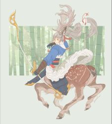  1boy animal_ears antlers bamboo bamboo_forest black_gloves blue_kimono bow_(weapon) centauroid closed_mouth commentary_request deer_antlers deer_ears deer_tail fire_emblem fire_emblem_fates fire_emblem_shadows floating_hair forest fujin_yumi_(fire_emblem) full_body gloves grey_hair hair_ribbon highres holding holding_bow_(weapon) holding_weapon hooves horns japanese_clothes kimono long_hair long_sleeves male_focus monster_boy monsterification multiple_legs nature original ponytail red_eyes red_ribbon ribbon sidelocks simple_background solo sorafuuai standing standing_on_one_leg tail takumi_(fire_emblem) taur twitter_username waist_cape weapon white_background yumi_(bow) 