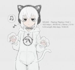  1girl :< animal_collar animal_ear_headphones animal_ears animal_hands aphex_twin ass_visible_through_thighs bags_under_eyes bell black_collar black_eyes bob_cut bodysuit cat_ear_headphones cat_ears cat_tail closed_mouth collar commentary cowboy_shot crossed_bangs drawstring einfell empty_eyes english_commentary english_text fake_animal_ears flat_chest foobar2000 furrowed_brow gloves grey_background hair_between_eyes hands_up headphones highres hood hood_down jingle_bell jitome logo looking_at_viewer musical_note neck_bell original pajamas paw_gloves paw_pose personification sanpaku short_hair sidelocks simple_background sketch solo spoken_musical_note standing tail thigh_gap white_bodysuit white_gloves white_hair white_tail zipper zipper_pull_tab 