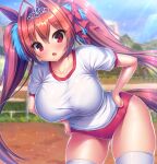 1girl :o animal_ears bent_over blush breasts brown_hair daiwa_scarlet_(umamusume) fang gym_uniform hands_on_hips horse_ears horse_tail large_breasts long_hair looking_at_viewer outdoors red_eyes solo tail takeponi thigh-highs twintails umamusume white_legwear 