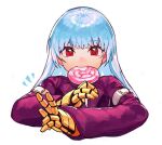  1girl :3 bangs belt belt_collar blue_background blue_hair bodysuit breasts candy collar eating eyebrows_visible_through_hair food gloves kula_diamond lollipop long_hair long_sleeves looking_at_viewer medium_breasts oni_gini simple_background smile solo the_king_of_fighters turtleneck upper_body v violet_eyes white_background zipper 
