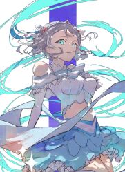  1girl aquarium blue_background blue_eyes blush bongore2668 frilled_skirt frills from_side grey_hair highres koi_ni_naritai_aquarium love_live! love_live!_sunshine!! midriff navel official_alternate_costume open_mouth salute short_hair simple_background skirt smile stomach thighs tiara watanabe_you wavy_hair white_background 