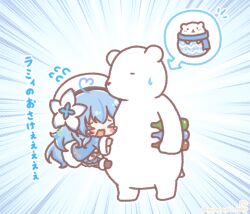  >_< 1girl ahoge animal arrow_(symbol) bear beret blue_hair blue_jacket blue_skirt blush_stickers boots bottle brown_boots carrying carrying_under_arm chibi closed_eyes daifuku_(yukihana_lamy) emphasis_lines flower flying_sweatdrops fur-trimmed_boots fur-trimmed_jacket fur-trimmed_sleeves fur_trim hair_flower hair_ornament hat heart heart_ahoge highres hololive jacket long_sleeves mitarashi_neko multicolored_hair open_mouth pleated_skirt polar_bear polka_dot polka_dot_background skirt small_sweatdrop streaked_hair sweat tears translation_request virtual_youtuber white_flower white_hat wide_sleeves yukihana_lamy yukihana_lamy_(1st_costume) 