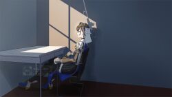  1girl artist_name black_gloves blue_eyes blue_hair bow bow_earrings chain chain_headband chair commentary desk earrings english_commentary expressionless from_side full_body gloves hair_intakes halo highres hololive hololive_english house_flipper ika--1024 indoors jewelry mechanical_halo ouro_kronii ouro_kronii_(1st_costume) pinstripe_pattern pinstripe_skirt profile ribbon_earrings short_hair sitting solo variant_set virtual_youtuber window_shadow 