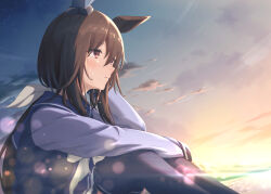  1girl admire_vega_(umamusume) amazumi animal_ears beach blush bow bowtie breasts brown_hair closed_mouth commentary_request crying ear_covers hair_between_eyes highres horse_ears horse_girl long_hair long_sleeves ocean outdoors pleated_skirt ponytail purple_sailor_collar purple_serafuku purple_shirt purple_skirt purple_thighhighs sailor_collar sailor_shirt school_uniform serafuku shirt single_ear_cover skirt sky solo tears thigh-highs tracen_school_uniform umamusume violet_eyes water white_bow white_bowtie 